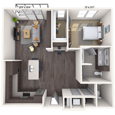 Floor plan for 1 bed, 1.5 baths, 985 sqft
